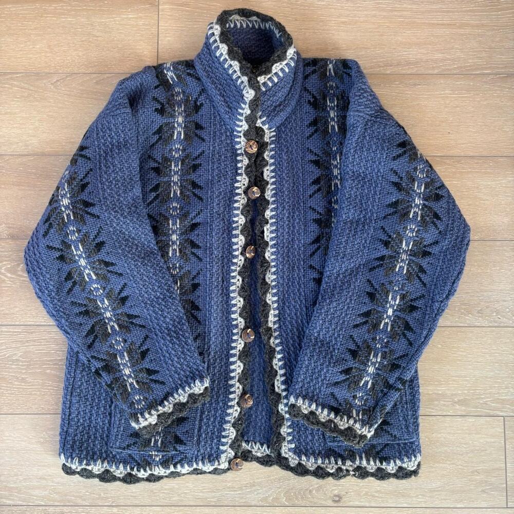 Tejidos Imalaya Blue Sweater Cardigan 100% Wool Aztec Missing A Button XL